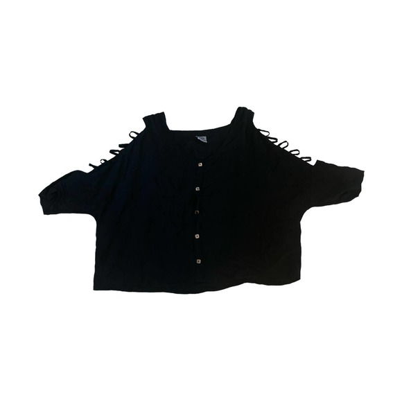 Vintage L Click Color Me Cotton Black Cut-Out Lattice Slv Button-Down Blouse Top - Picture 1 of 4